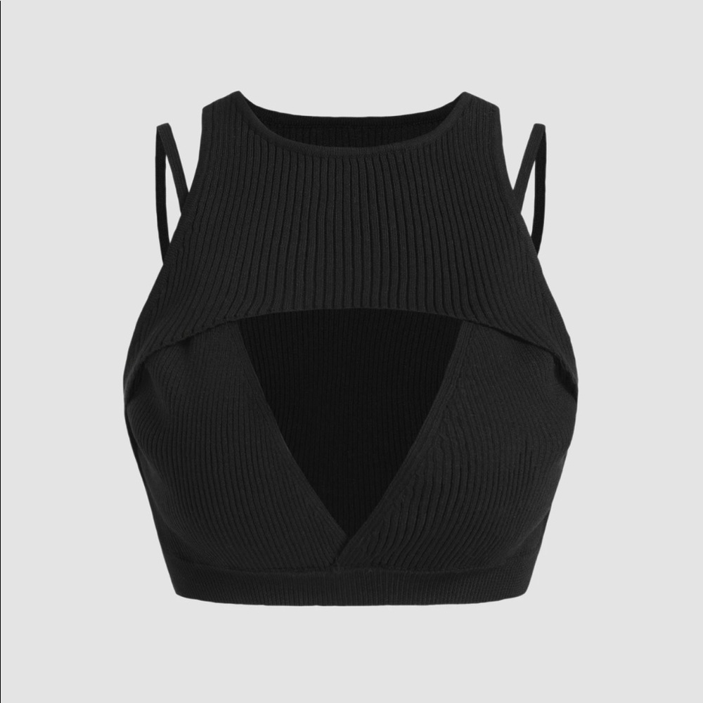 Black Ribbed Keyhole Cropped Tank Sz S